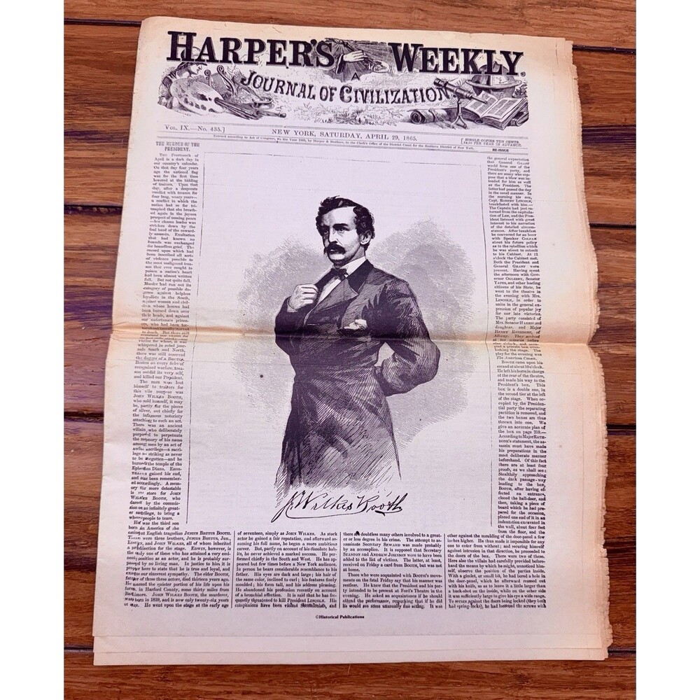 Abraham Lincoln Assassination - Civil War Harper’s Weekly April 29 1865 REISSUE